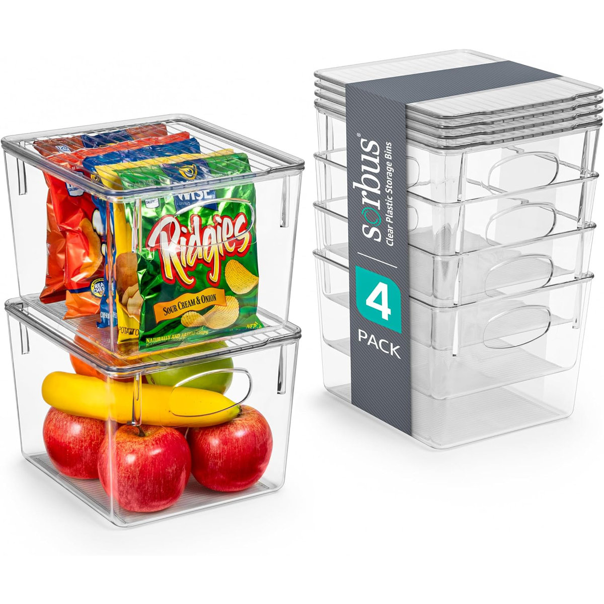 Sorbus 4 Pack Medium Clear Kitchen and Fridge Storage Bins with Handles and Lids